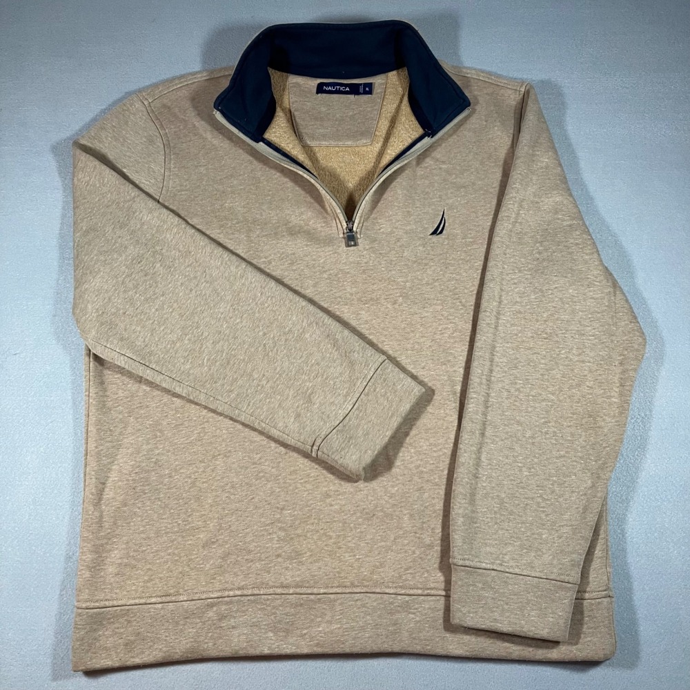 Nautica Mens XL Tan Heather Quarter Zip Fleece Pullover Sweatshirt Long Sleeve